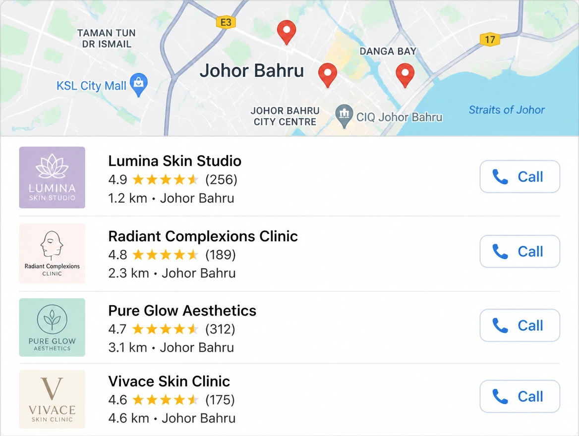 Map results for a skincare clinic in Johor Bahru with ratings, distances and call buttons