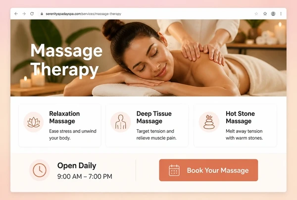 A day spa website page showing the service, three service cards and the opening hours