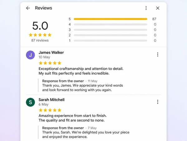 A Google Business Profile reviews screen for a bespoke tailor showing two reviews with owner replies