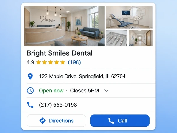 A Google Maps listing for a dental practice showing rating, address, hours and a call button