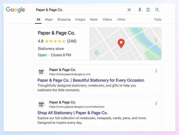 A Google results page where a stationery brand appears in the map result and two listings