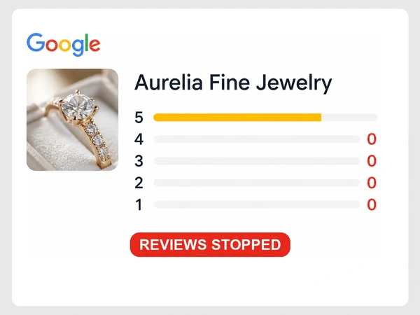 Aurelia Fine Jewelry shows one tall review bar followed by four months with zero reviews.