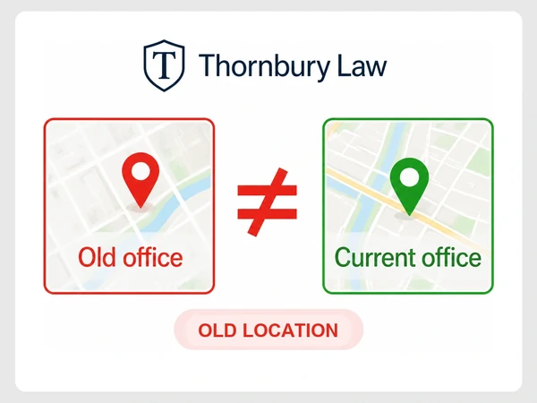 Thornbury Law shows an old office pin in a directory and a different current office pin.
