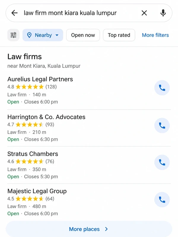 A phone showing a nearby search for law firms in Mont Kiara with walking distances