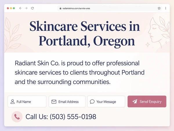 A skincare brand service area page with a short intro and a three field enquiry block