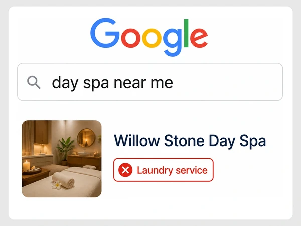 Willow Stone Day Spa appears in Google results with the incorrect category Laundry service outlined in red.