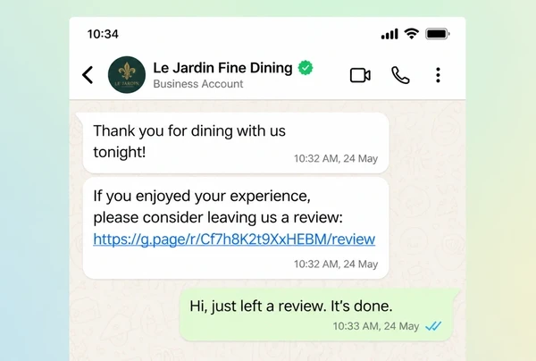 A WhatsApp Business chat where a fine dining restaurant asks a customer for a review and they reply