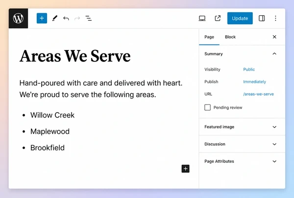 A WordPress editor showing a service area page being written for a candle maker