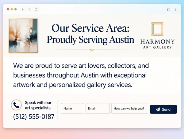 An art gallery service area page with a short intro and a three field enquiry block