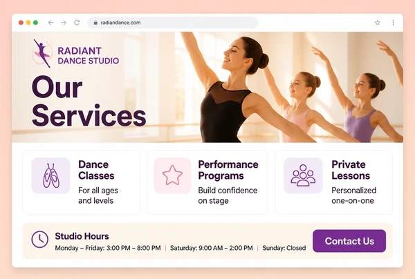 A dance studio website page showing the service, three service cards and the opening hours