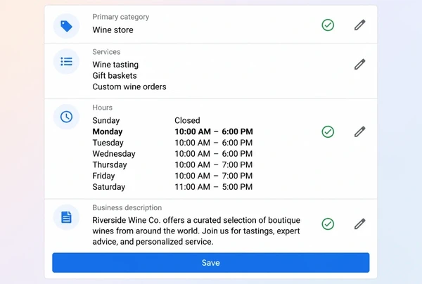 A Google Business Profile edit screen for a wine merchant with category, services, hours and description