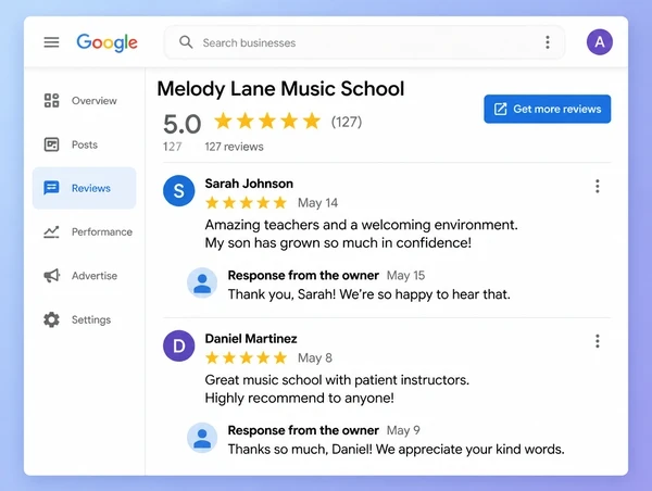 A Google Business Profile reviews screen for a music school showing two reviews with owner replies