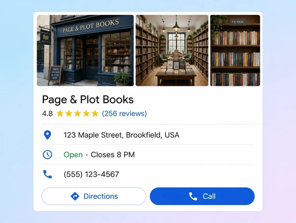 A Google Maps listing for a bookshop showing rating, address, hours and a call button