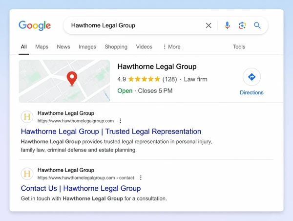 A Google results page where a law practice appears in the map result and two listings