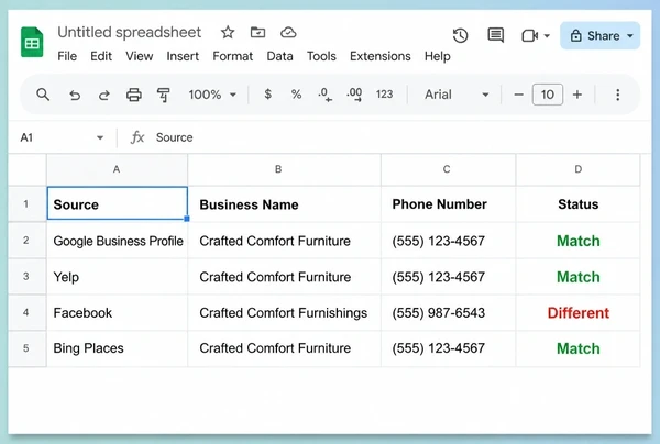 A Google Sheets listings check for a furniture maker with three matching sources and one that differs