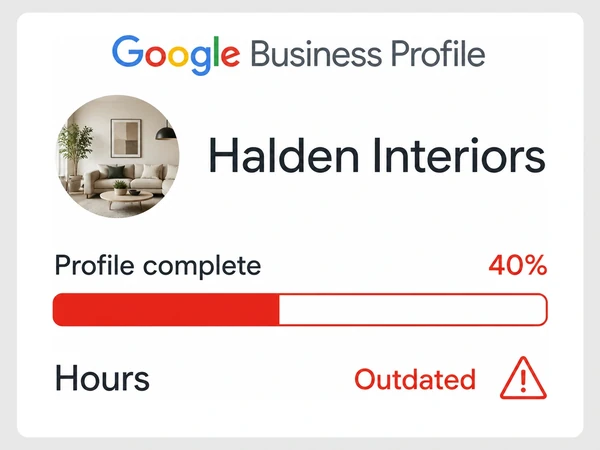 Halden Interiors' Google Business Profile is 40% complete and marks its hours as outdated.