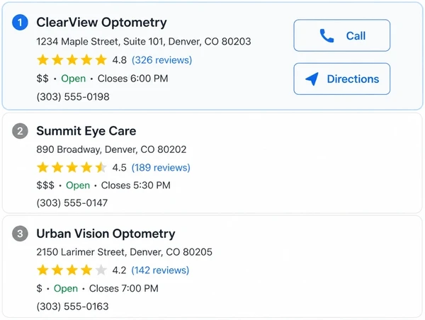 A local map result listing three named optometry practices with addresses and ratings, the top one showing call and directions buttons.