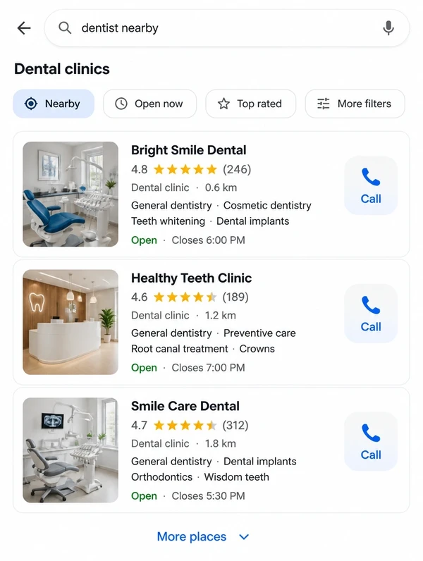 A nearby search on a phone showing businesses with distances and call buttons