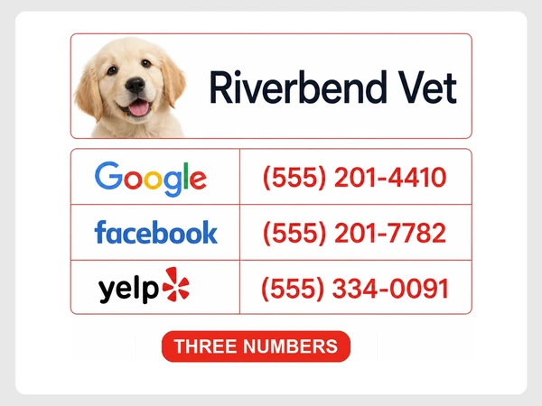 Riverbend Vet lists (555) 201-4410 on Google, (555) 201-7782 on Facebook, and (555) 334-0091 on Yelp.