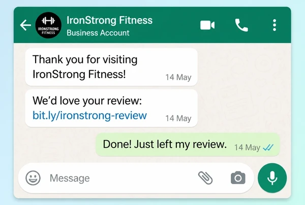 A WhatsApp Business chat where a boutique gym asks a customer for a review and they reply