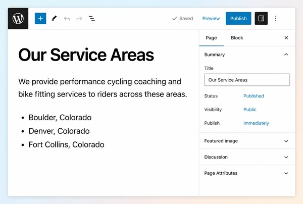 A WordPress editor showing a service area page being written for a performance cycling shop