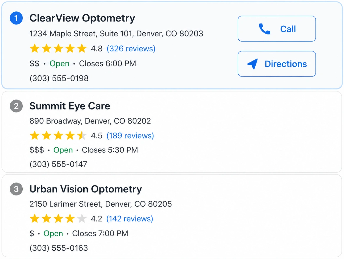A local map result listing three named optometry practices with addresses and ratings, the top one showing call and directions buttons.