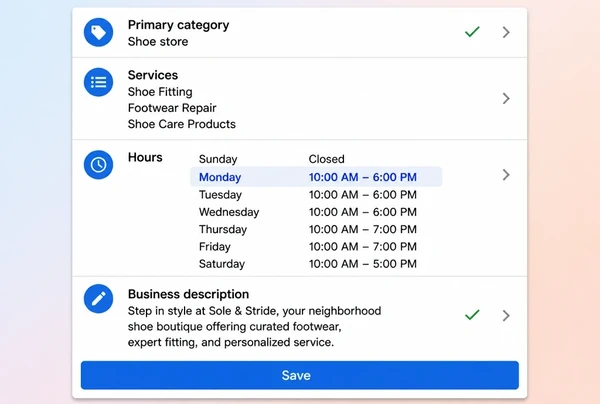 A Google Business Profile edit screen for a shoe boutique with category, services, hours and description