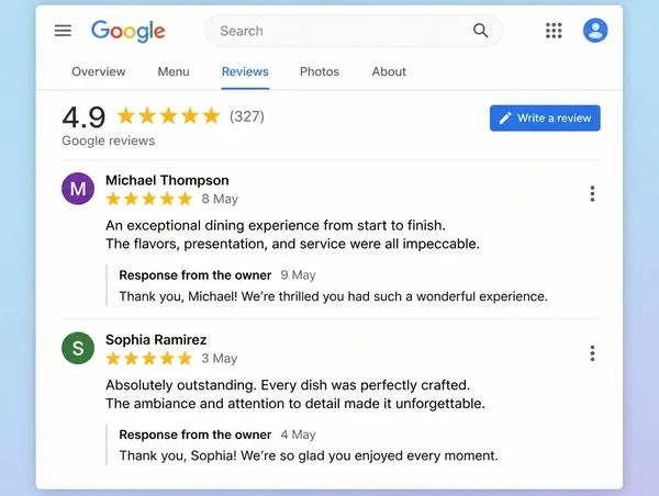 A Google Business Profile reviews screen for a fine dining restaurant showing two reviews with owner replies
