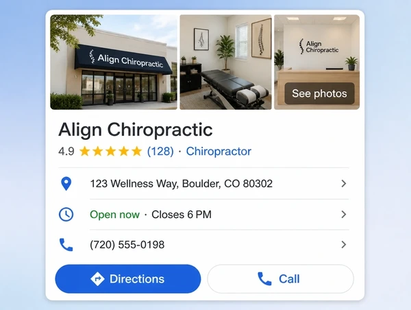 A Google Maps listing for a chiropractic clinic showing rating, address, hours and a call button