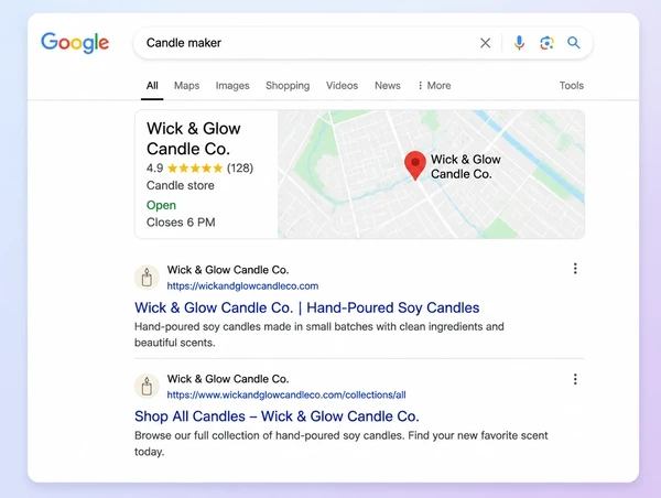 A Google results page where a candle maker appears in the map result and two listings
