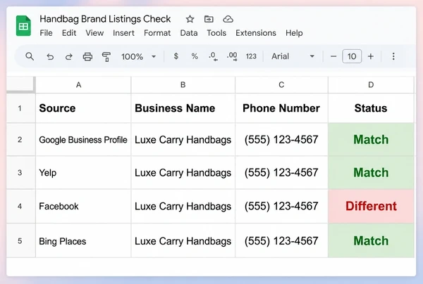 A Google Sheets listings check for a handbag brand with three matching sources and one that differs