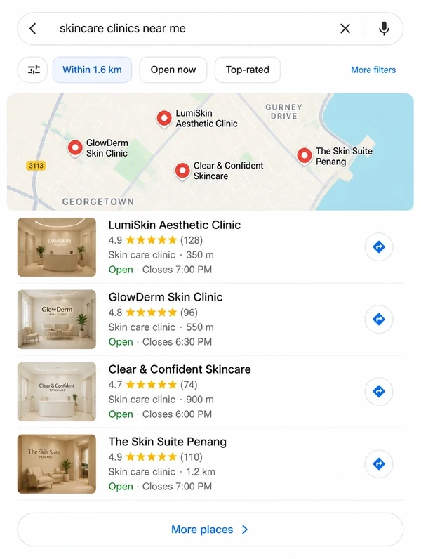 A phone showing a nearby search for skincare clinics in Penang with distances