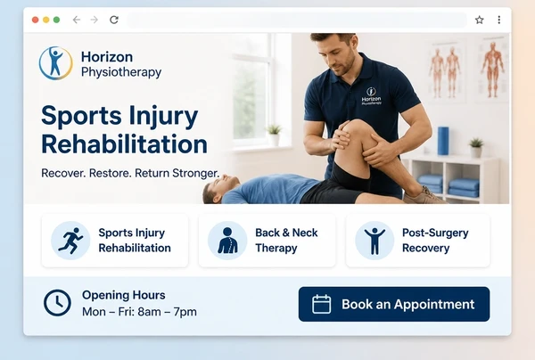 A physiotherapy practice website page showing the service, three service cards and the opening hours