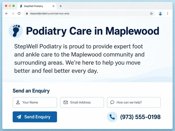 A podiatry practice service area page with a short intro and a three field enquiry block