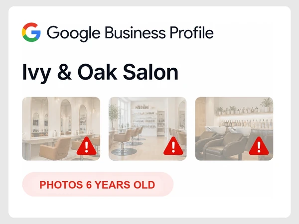 Ivy & Oak Salon Google Business Profile shows three faded interior photos labeled Photos 6 years old.