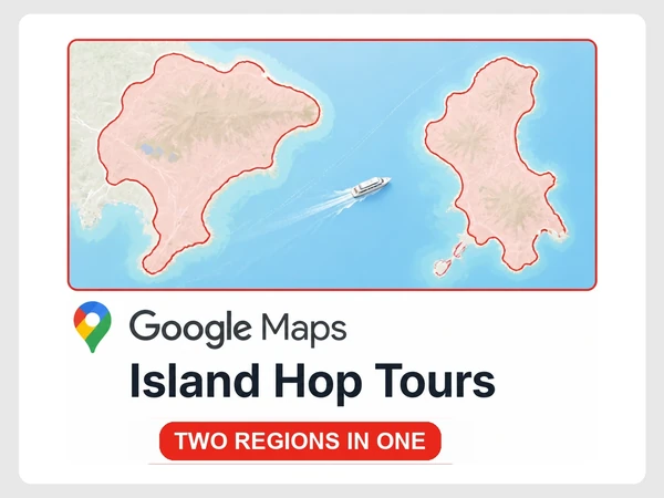 Island Hop Tours Google Maps view outlines one service area across two land masses separated by sea.