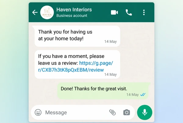 A WhatsApp Business chat where an interior design studio asks a customer for a review and they reply