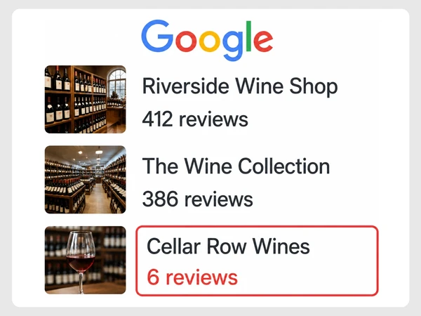 Cellar Row Wines has six Google reviews beside rival wine shops with 412 and 386 reviews.