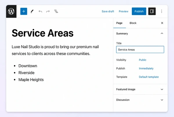 A WordPress editor showing a service area page being written for a nail studio