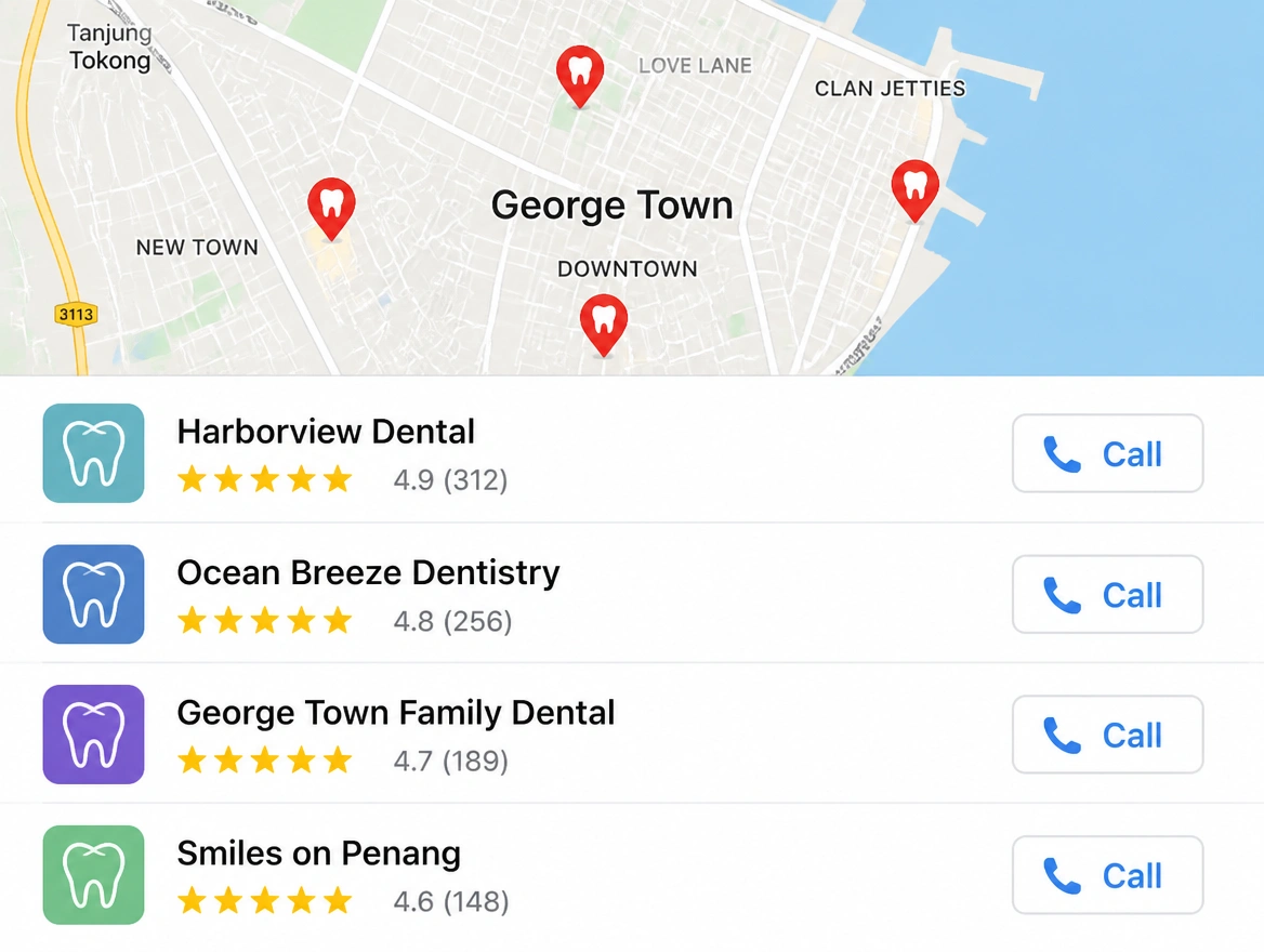 Map results for dental clinics in George Town with ratings and call buttons