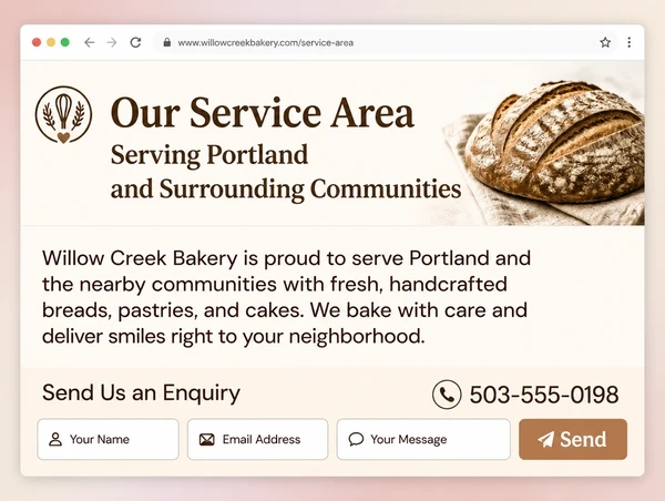 An artisan bakery service area page with a short intro and a three field enquiry block