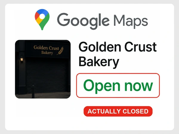 Golden Crust Bakery Google Maps listing says Open now over a shuttered shop labeled Actually closed.