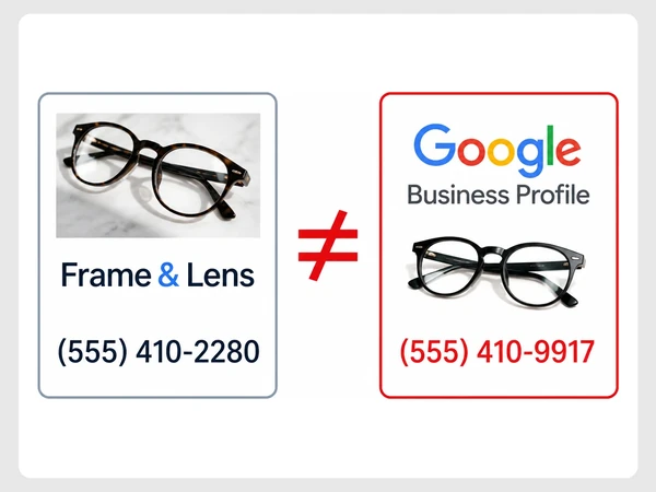 Frame & Lens website shows one phone number while its Google Business Profile shows a different number.