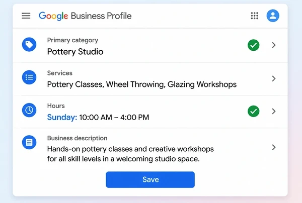 A Google Business Profile edit screen for a ceramics studio with category, services, hours and description