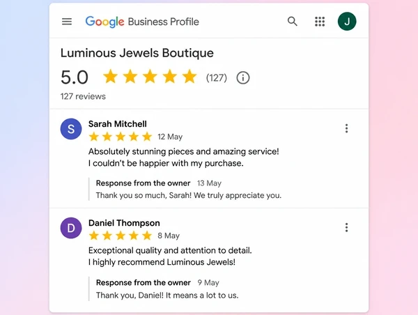 A Google Business Profile reviews screen for a jewellery boutique showing two reviews with owner replies