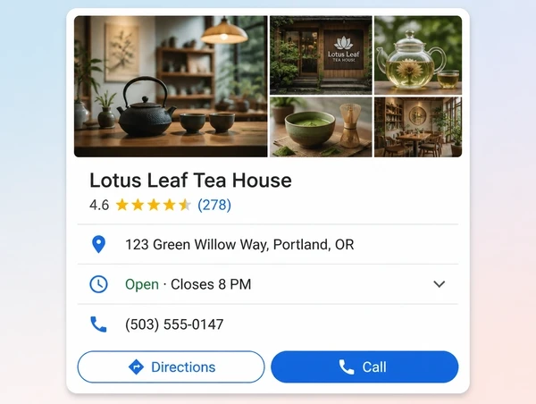 A Google Maps listing for a tea house showing rating, address, hours and a call button