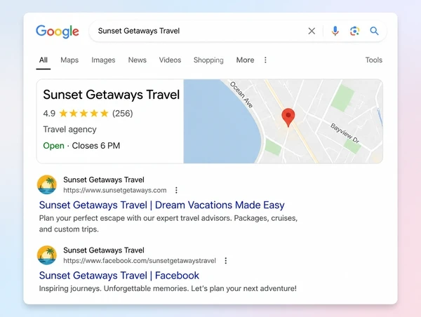 A Google results page where a travel agency appears in the map result and two listings