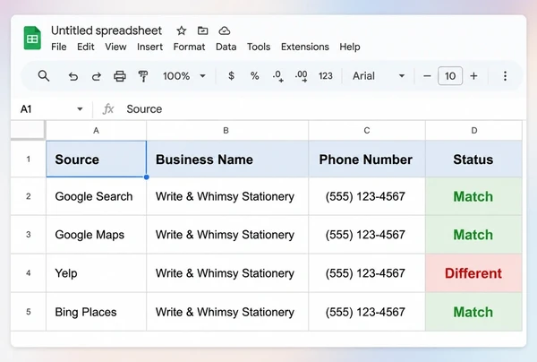 A Google Sheets listings check for a stationery brand with three matching sources and one that differs