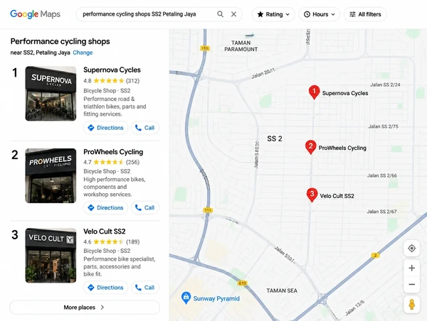 Map results for bicycle shops in SS2 Petaling Jaya with ratings and directions buttons