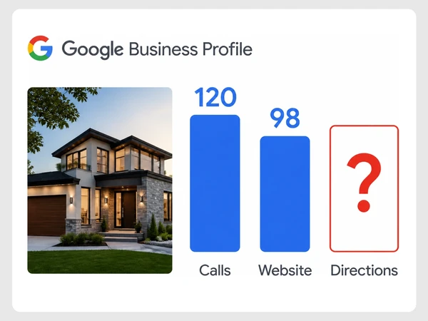 Harbourline Realty listing chart shows Calls and Website bars while Directions remains a red question mark.